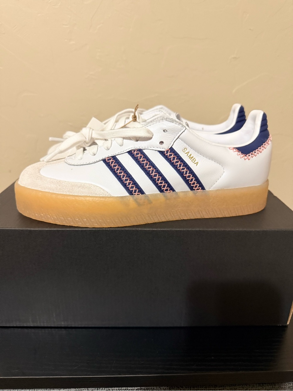 adidas Women’s Sambae J Cloud White with Dark Blue and Pink Stripes